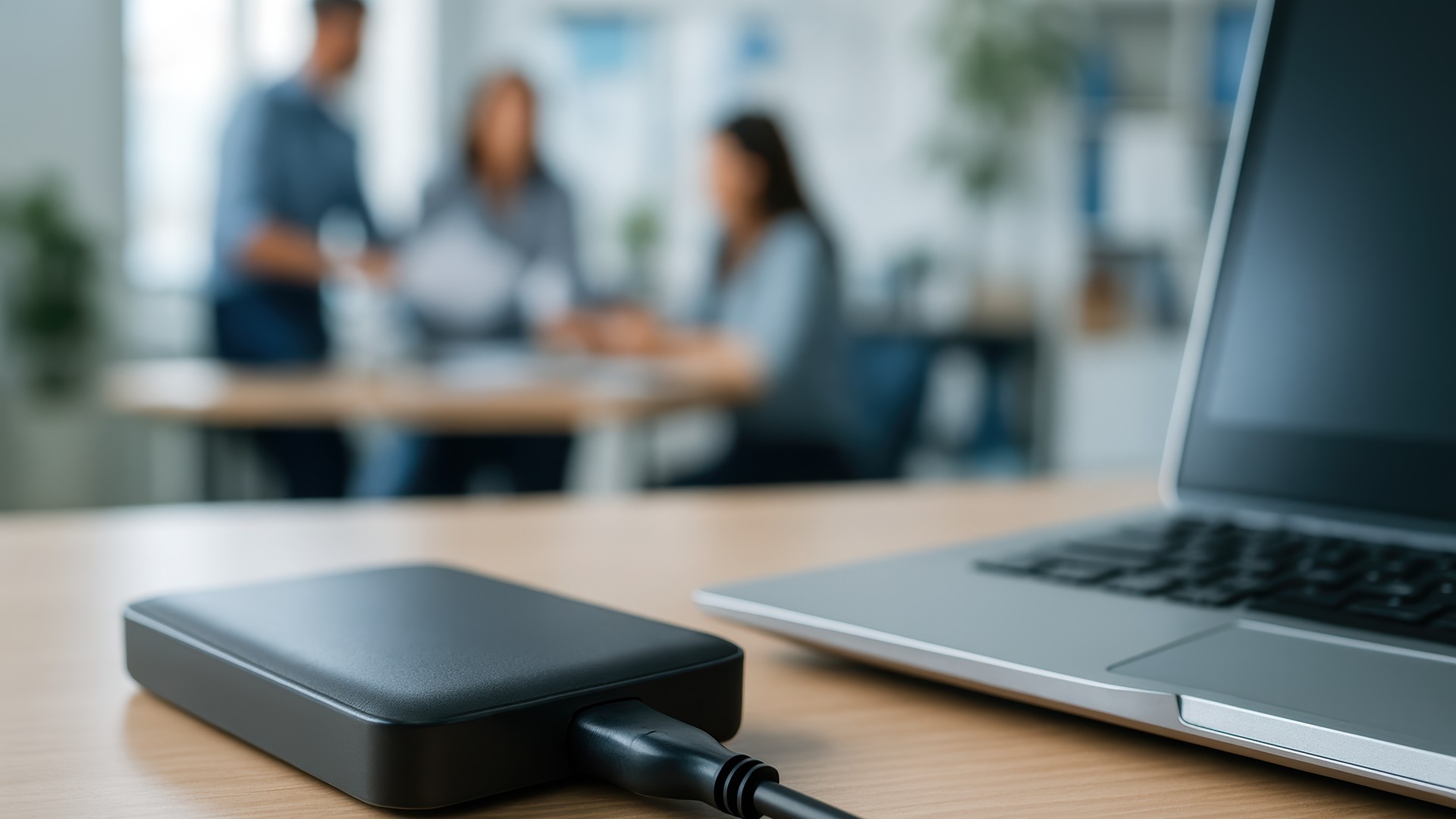 External hard drive connected to a laptop for Microsoft 365 backup planning