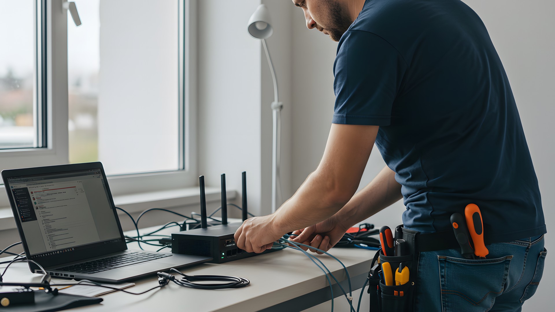 Technician setting up a router and laptop for WiFi network troubleshooting