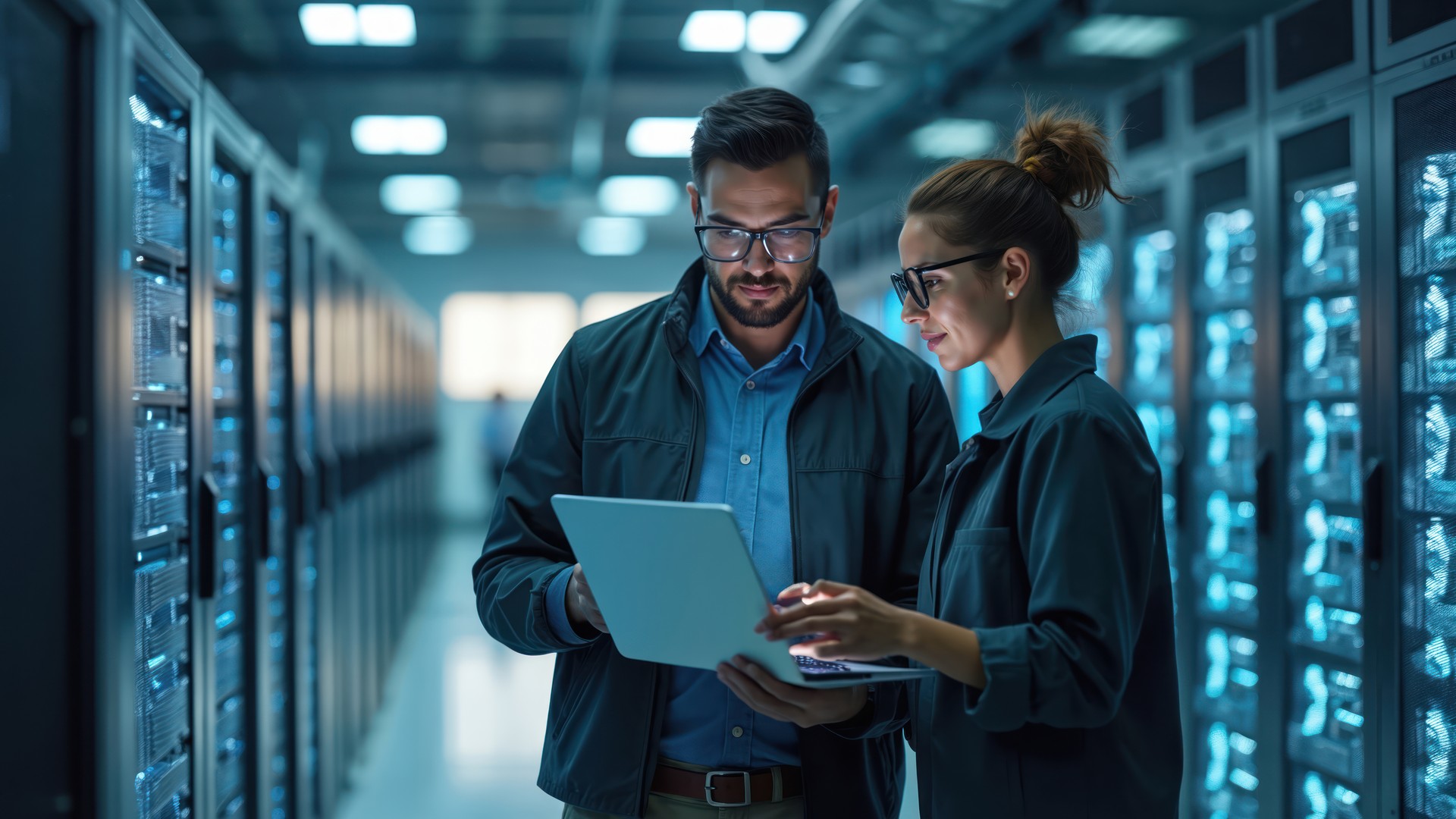 Engineers reviewing server infrastructure during a cloud migration planning session