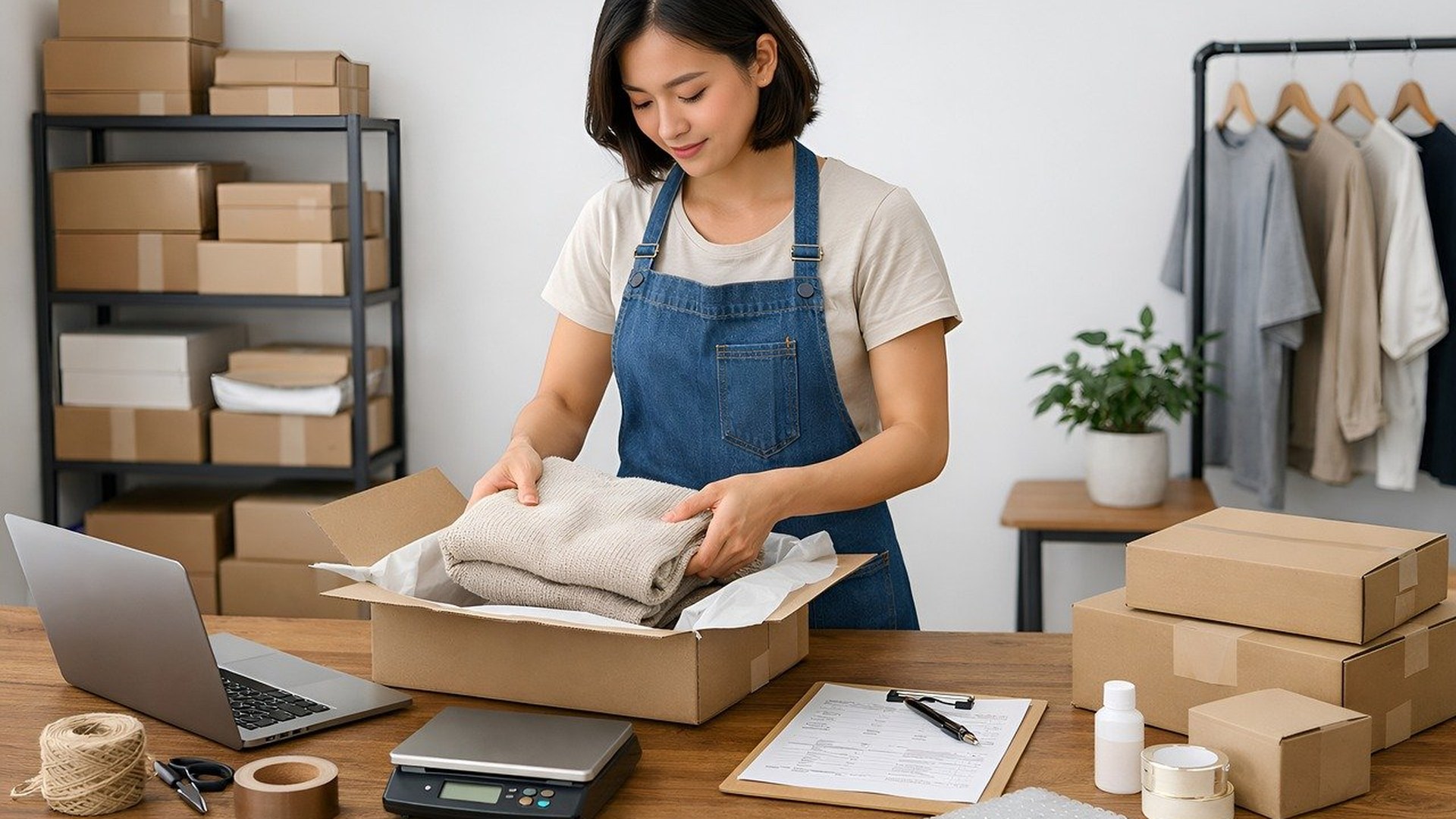 Small business owner packing orders while reviewing data breach risks on a laptop