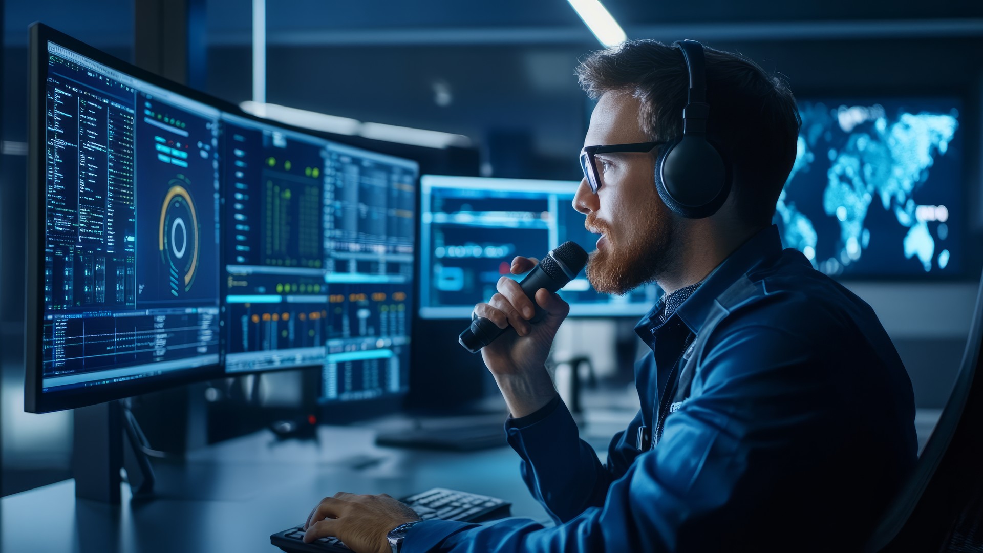 IT support specialist monitoring systems in a control room for 24/7 IT monitoring