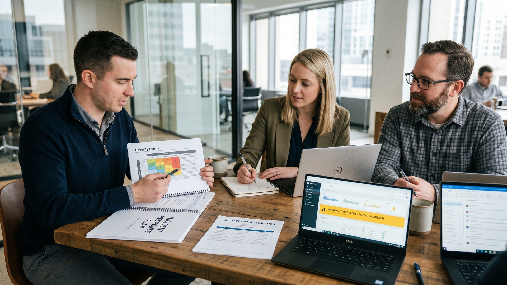 Three small business professionals running a tabletop incident response exercise around a conference table, with a printed plan binder and a security alert dashboard on a laptop