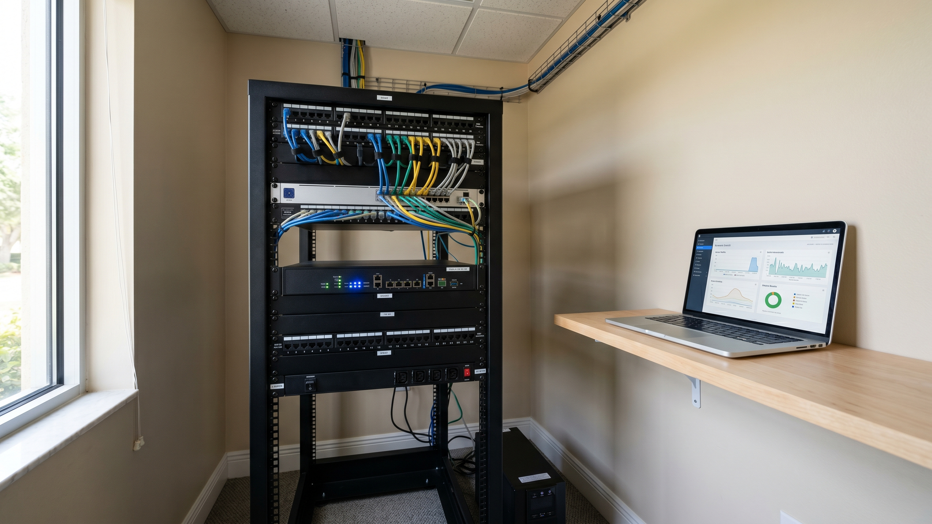 Rack-mounted managed firewall appliance in a small business server closet with status lights and patch cables