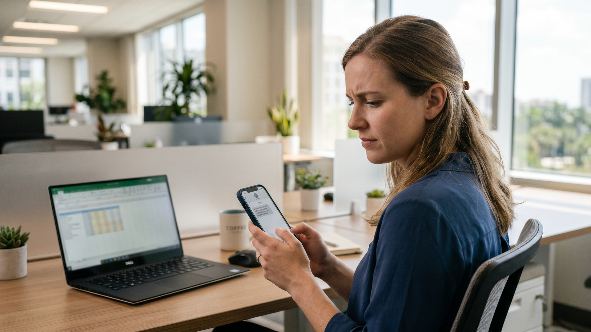 Small business employee at a desk holding a smartphone with a suspicious text message preview, brow furrowed in concern