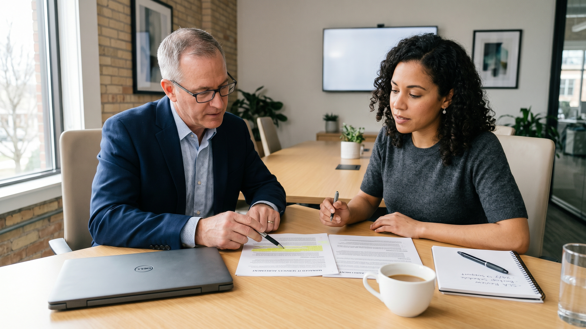Small business owner reviewing a managed IT service level agreement (SLA) with an account manager at a conference table, contract pages highlighted with yellow marker.
