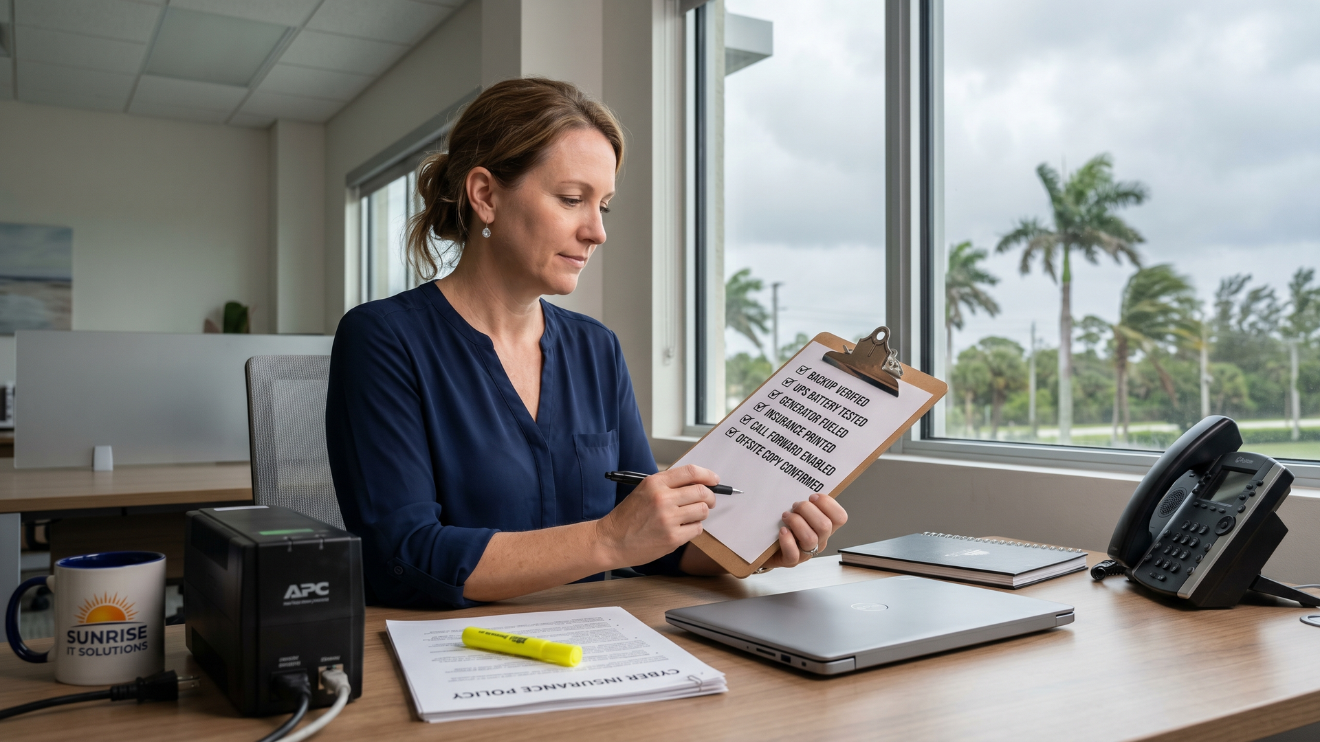 Home image by O&O Systems Florida small business owner at a desk in a clean modern office reviewing a printed pre-hurricane IT preparation checklist on a clipboard, with an APC UPS battery backup unit, closed silver laptop, desk phone, and printed cyber insurance policy on the desk, and palm trees visible through the office window under an overcast pre-storm gray sky.