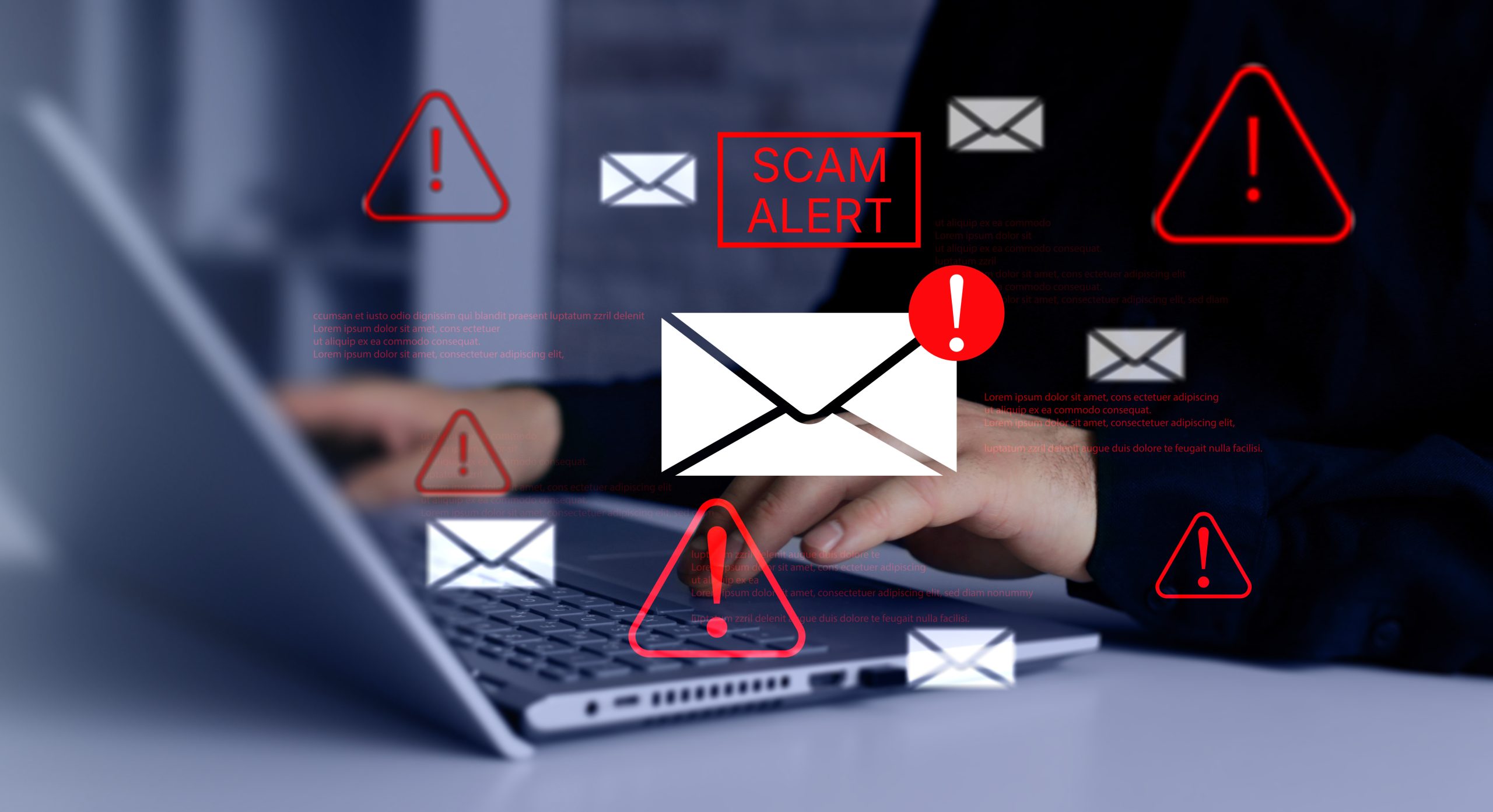 Laptop user with overlaid envelope icons, warning triangles and Scam Alert text.