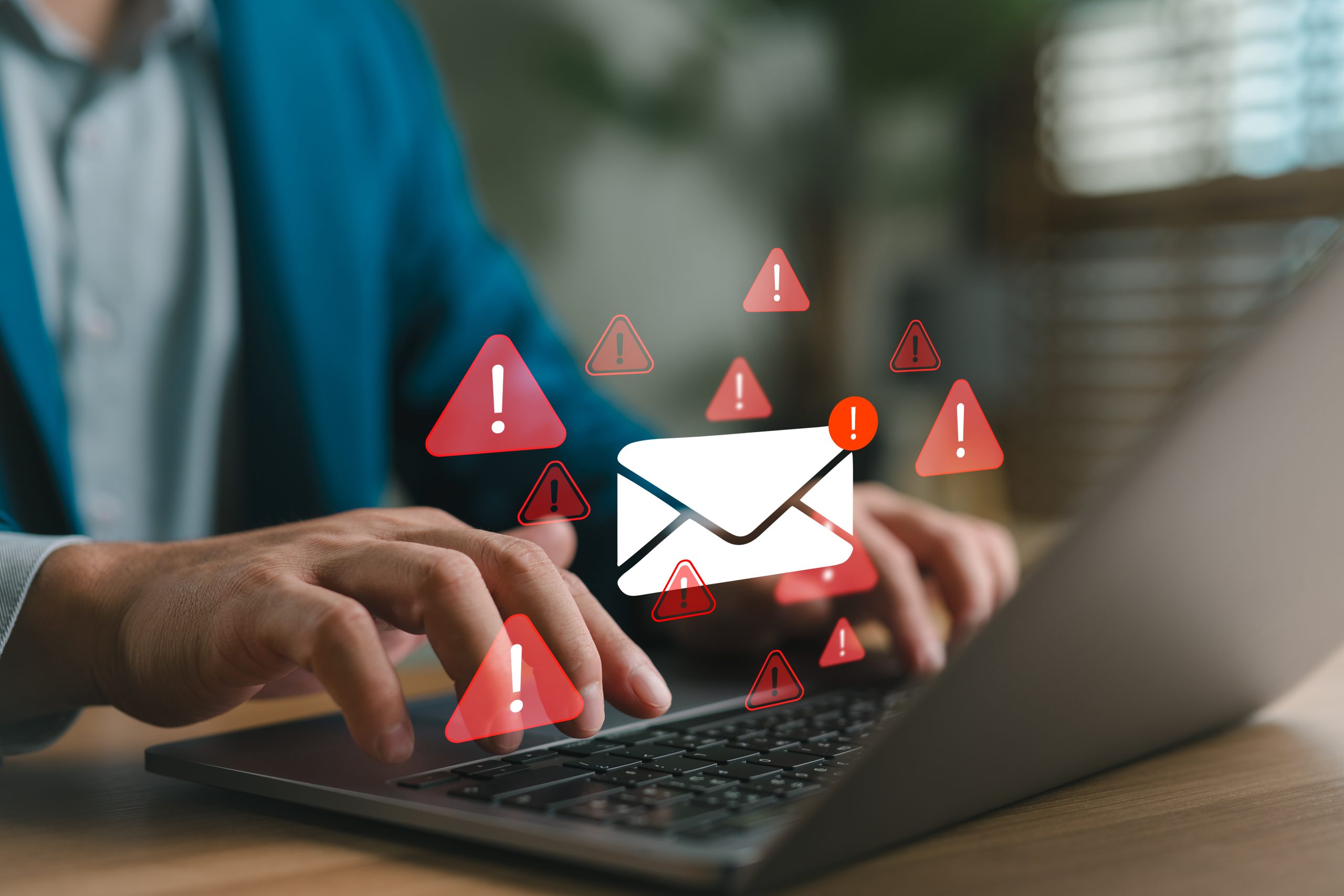 Hands typing on a laptop beneath an envelope icon and red warning triangles.